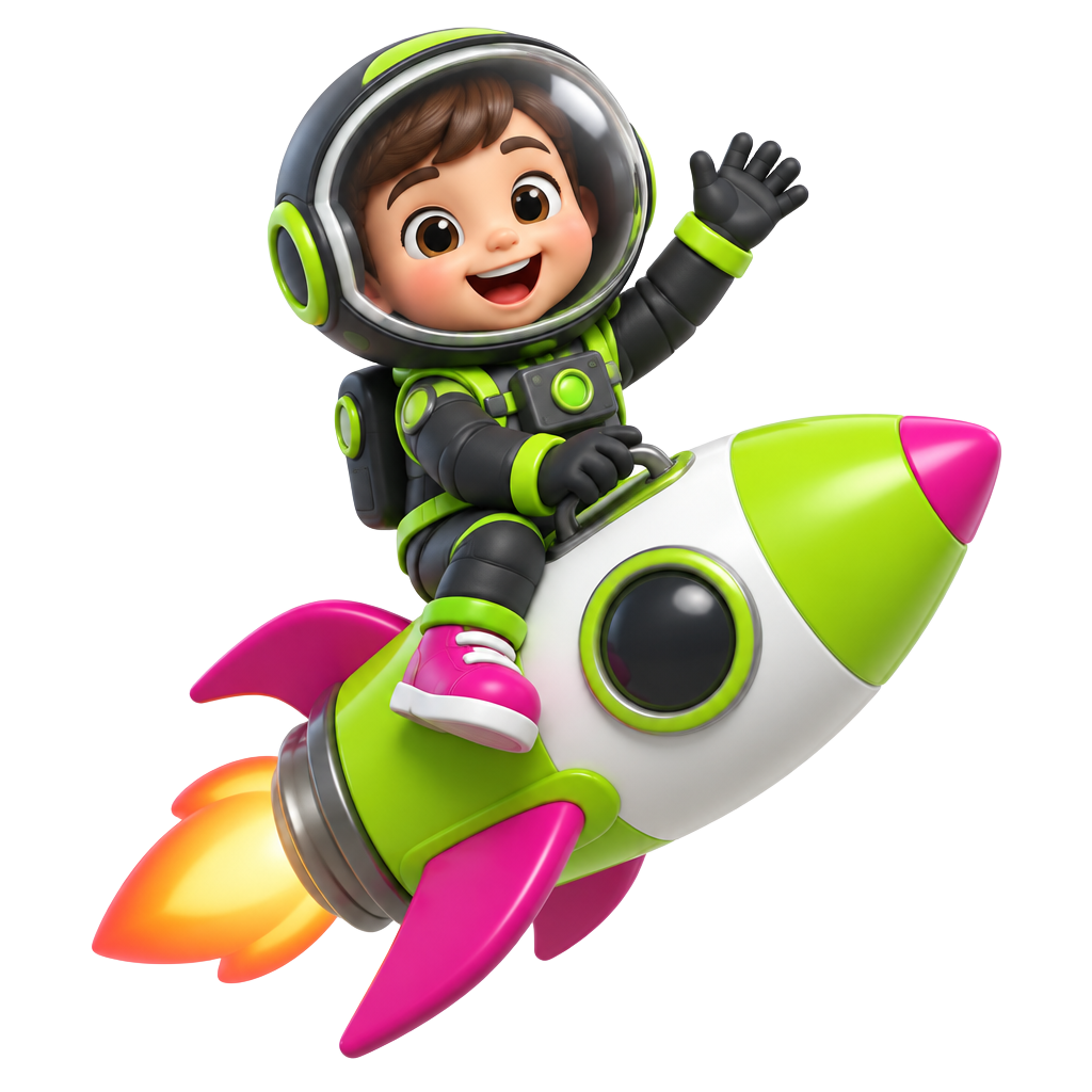 ShakersBoost's smiling astronaut riding a lime and magenta rocket
